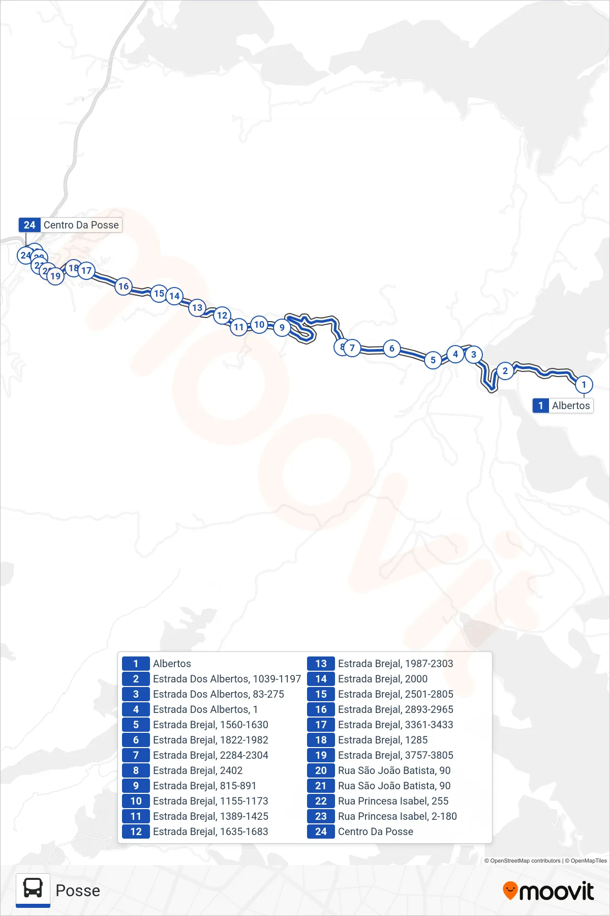 Rota e paradas da linha de ônibus 729 (Posse) no mapa