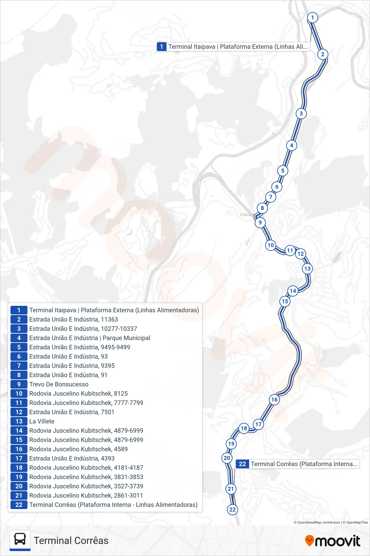 Rota e paradas da linha de ônibus 750 (Terminal Corrêas) no mapa