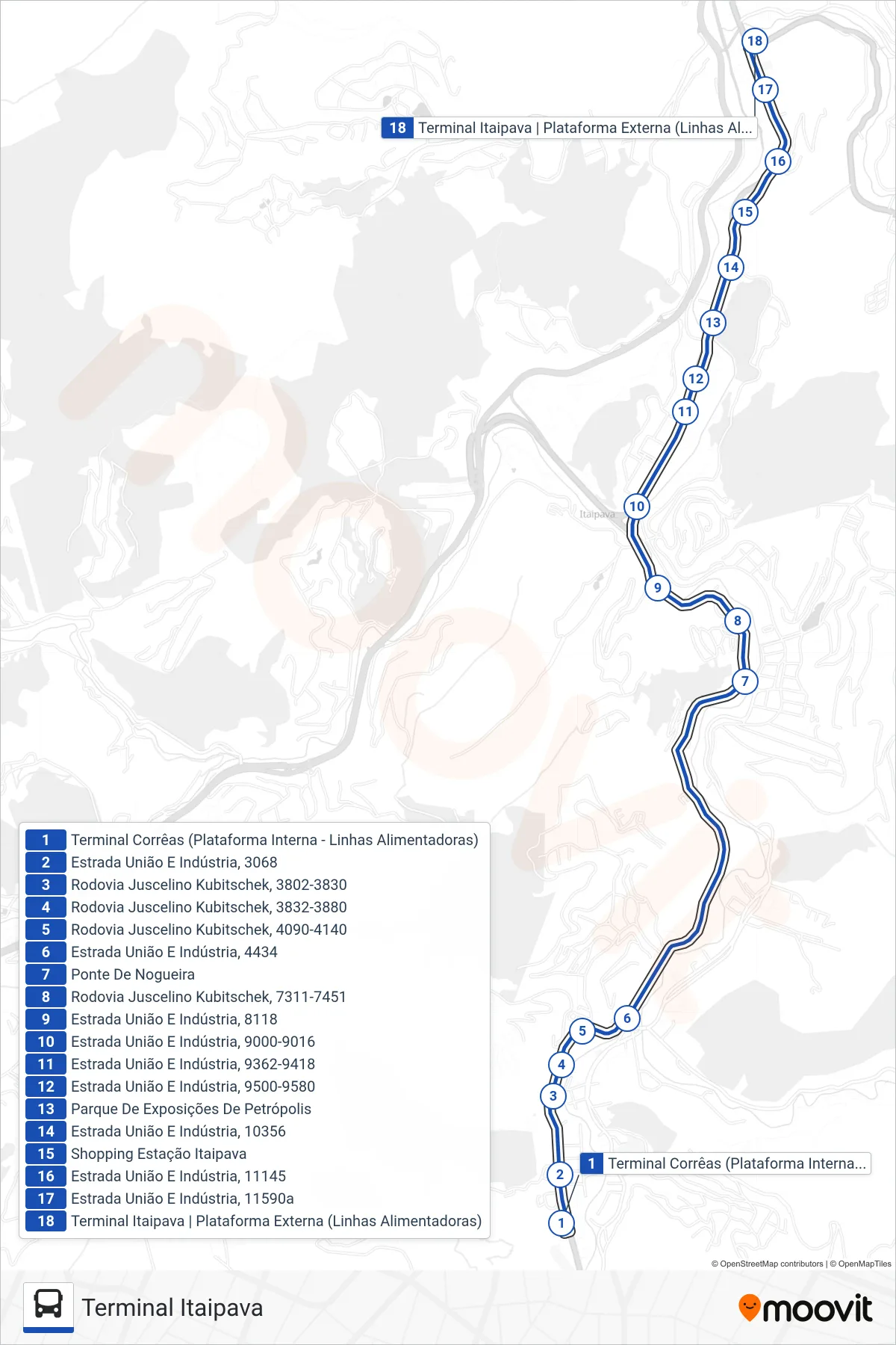 Rota e paradas da linha de ônibus 750 (Terminal Itaipava) no mapa