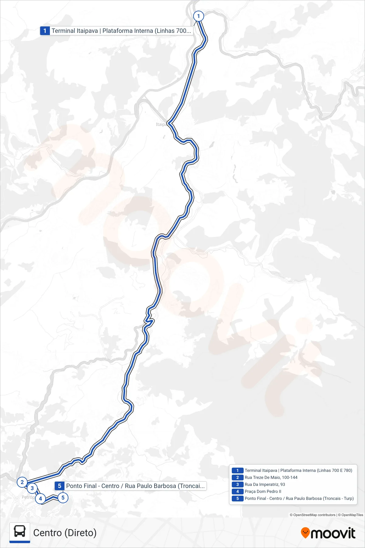 Rota e paradas da linha de ônibus 780 (Centro (Direto)) no mapa