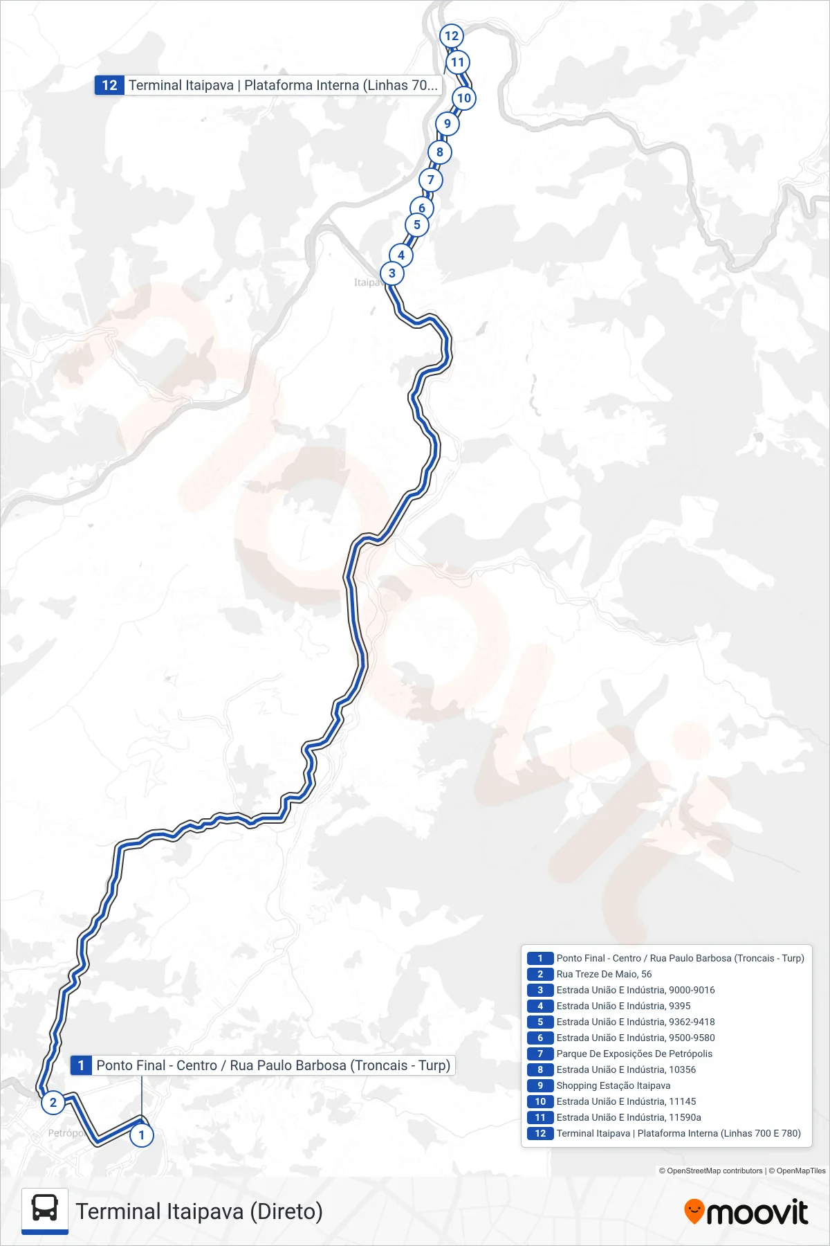 Rota e paradas da linha de ônibus 780 (Terminal Itaipava (Direto)) no mapa