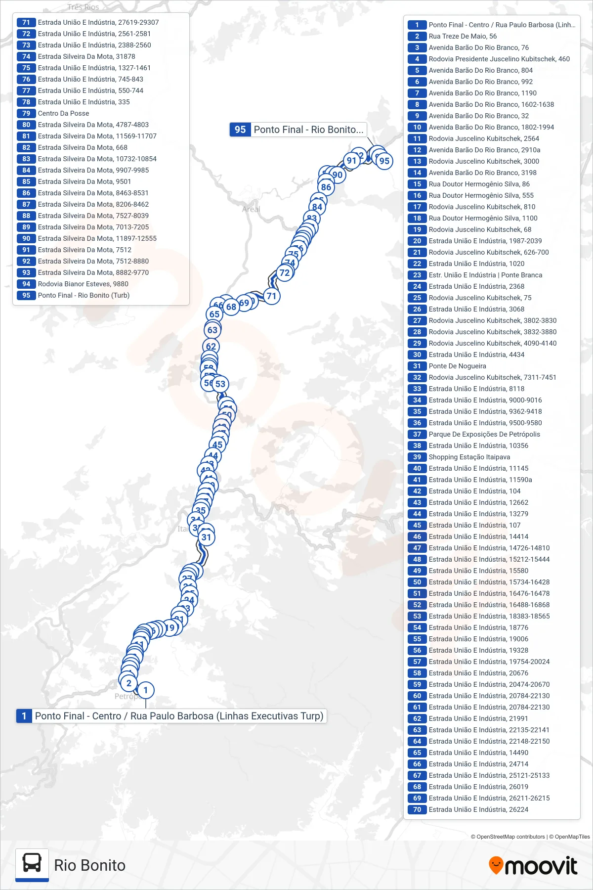 Rota e paradas da linha de ônibus 74 (EXECUTIVO) (Rio Bonito) no mapa
