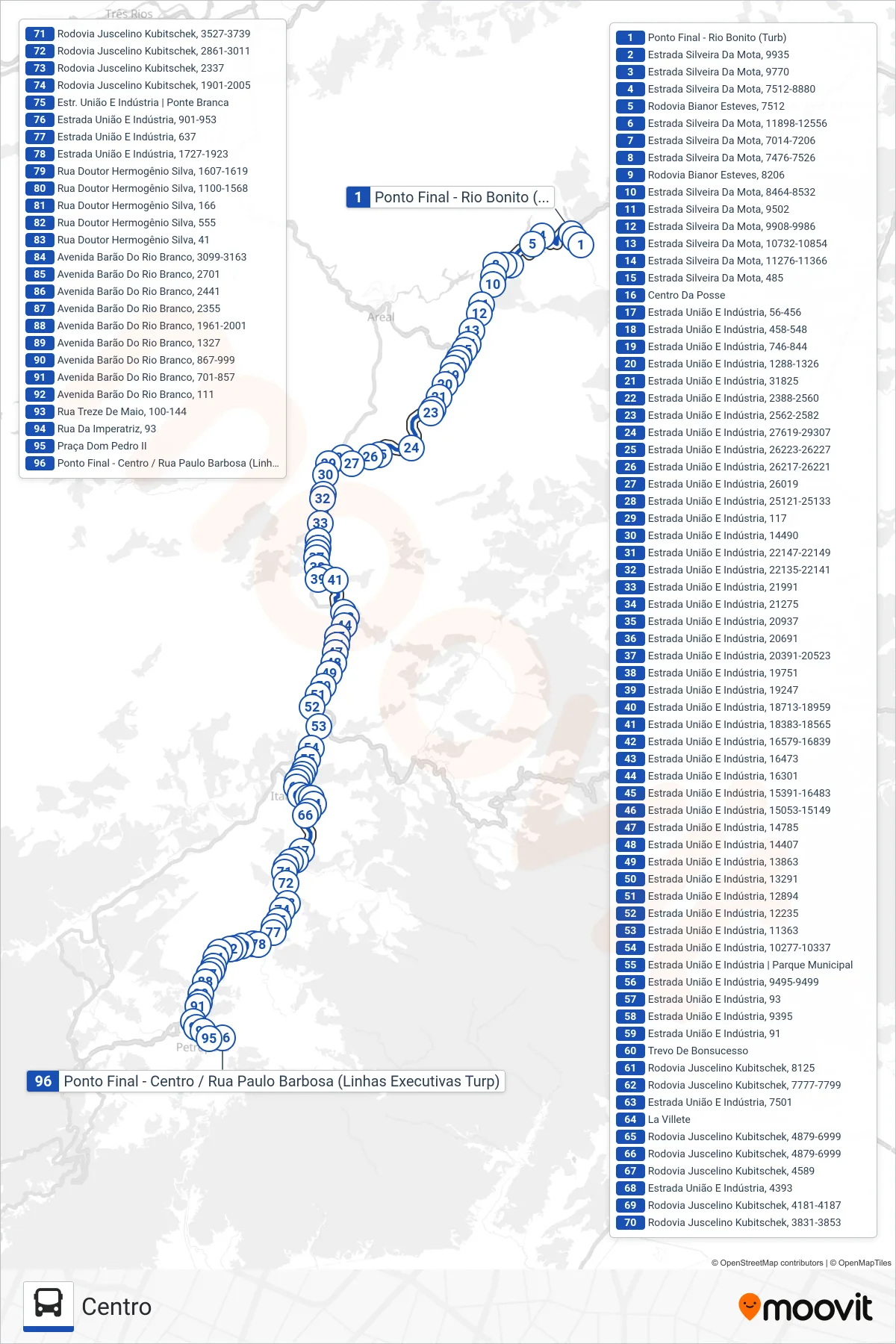 Rota e paradas da linha de ônibus 74 (EXECUTIVO) (Centro) no mapa