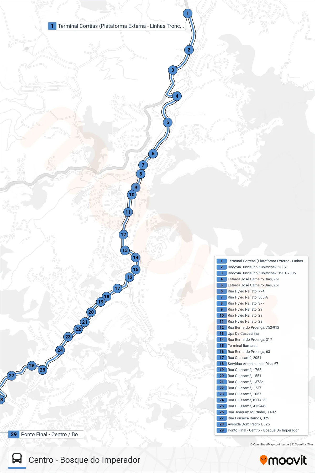 Rota e paradas da linha de ônibus 300 (Centro - Bosque do Imperador) no mapa