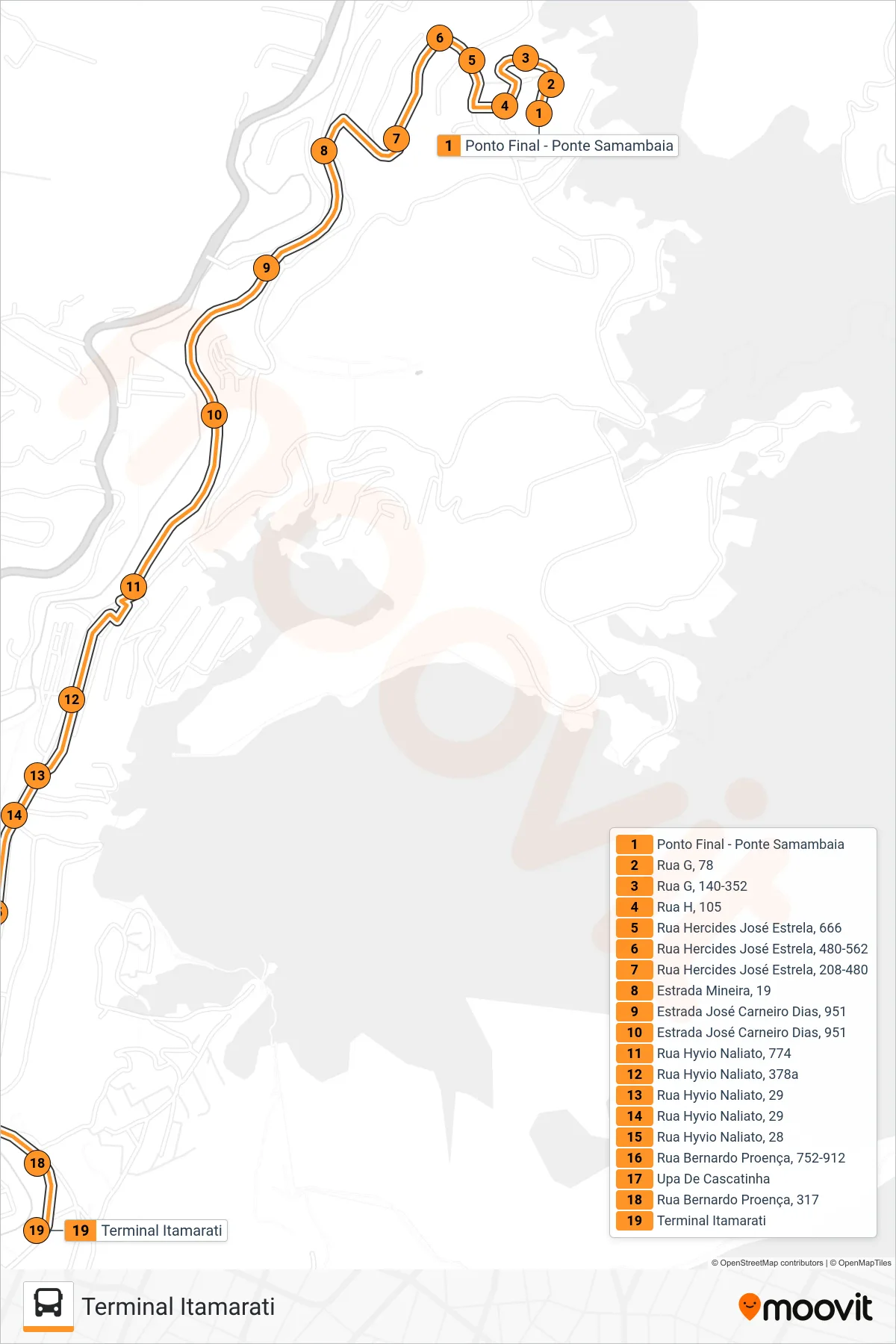 Rota e paradas da linha de ônibus  301  (Terminal Itamarati) no mapa