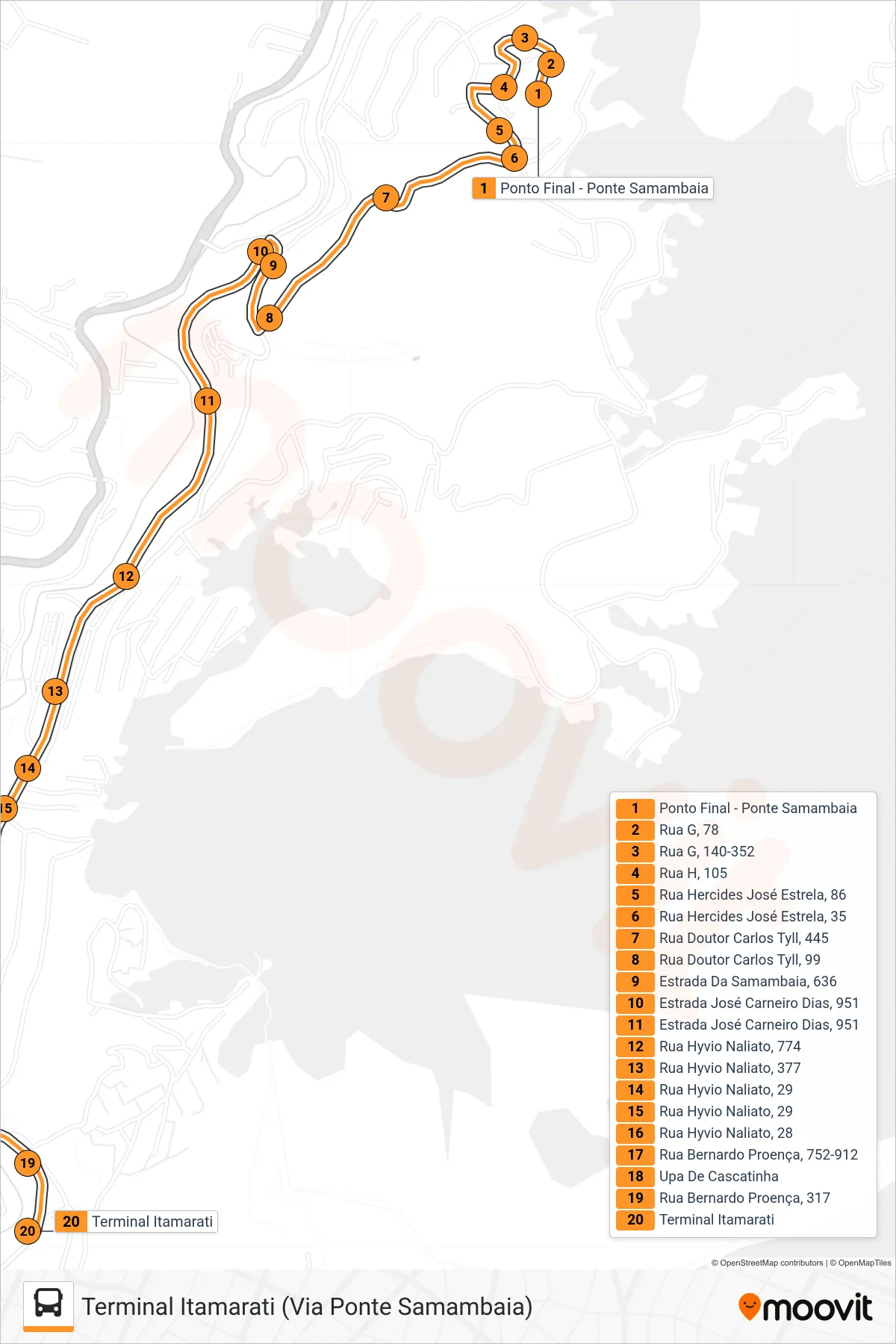 Rota e paradas da linha de ônibus 301 (Terminal Itamarati (Via Ponte Samambaia)) no mapa