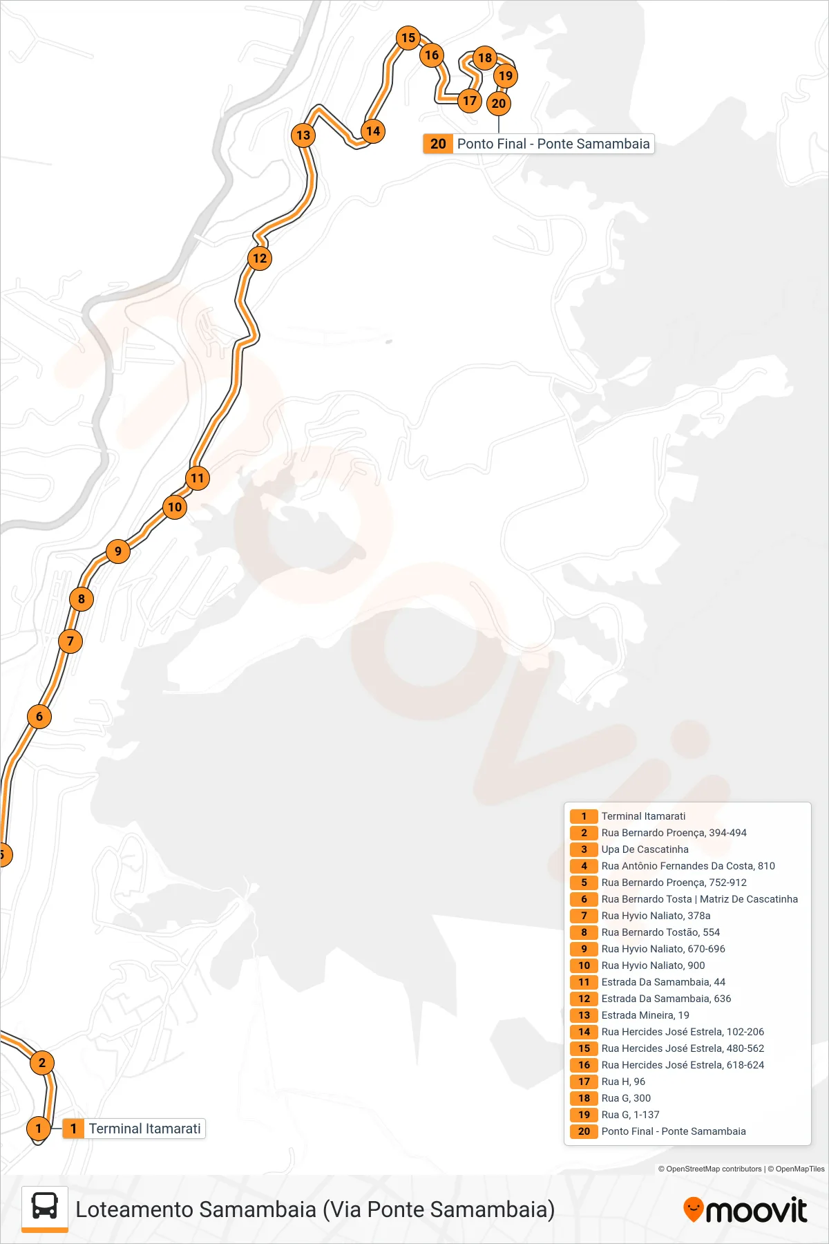 Rota e paradas da linha de ônibus 301 (Loteamento Samambaia (Via Ponte Samambaia)) no mapa