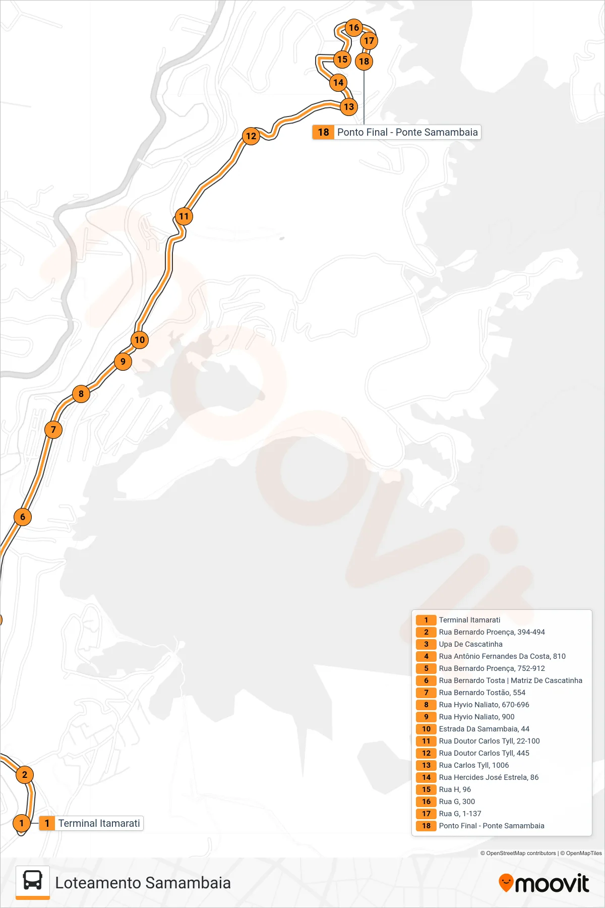 Rota e paradas da linha de ônibus 301 (Loteamento Samambaia) no mapa