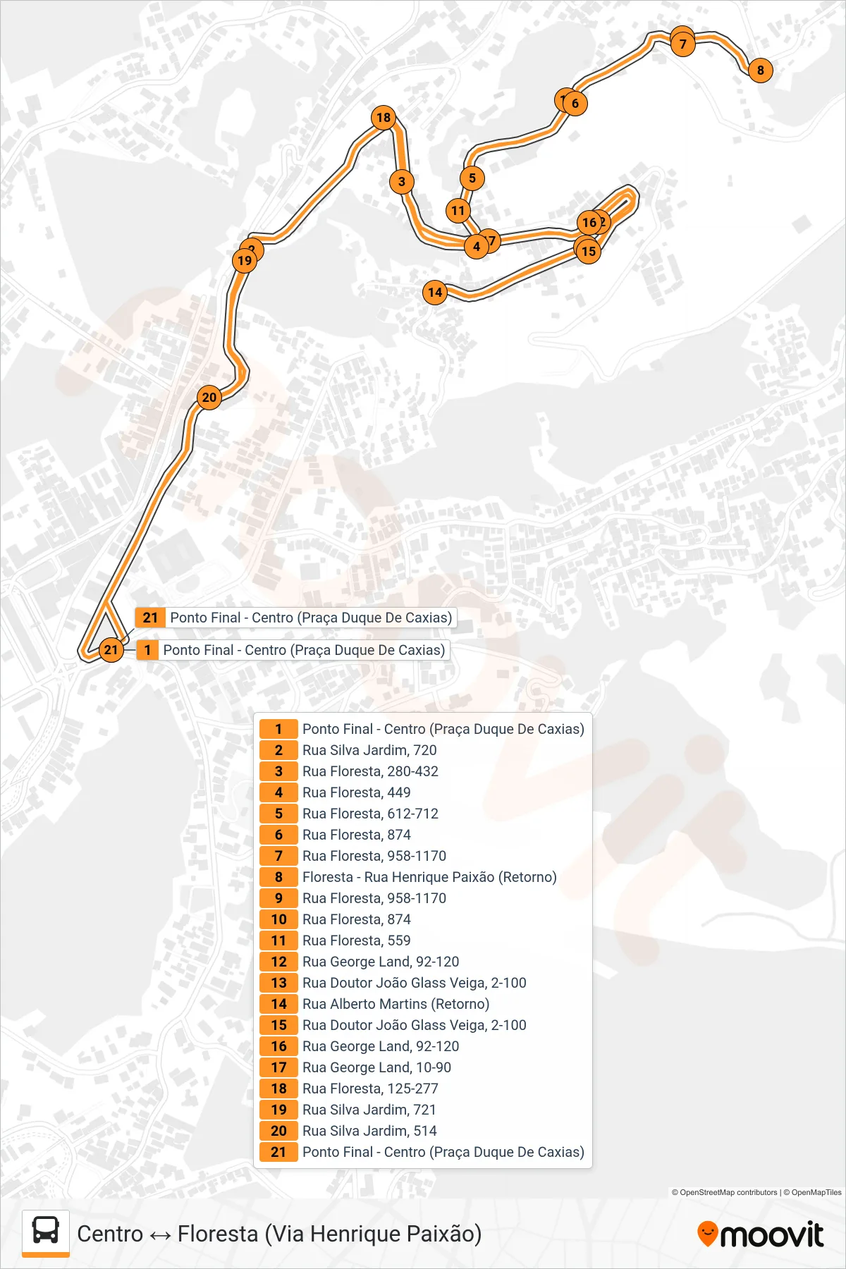Rota e paradas da linha de ônibus 302 (Centro ↔ Floresta (Via Henrique Paixão)) no mapa