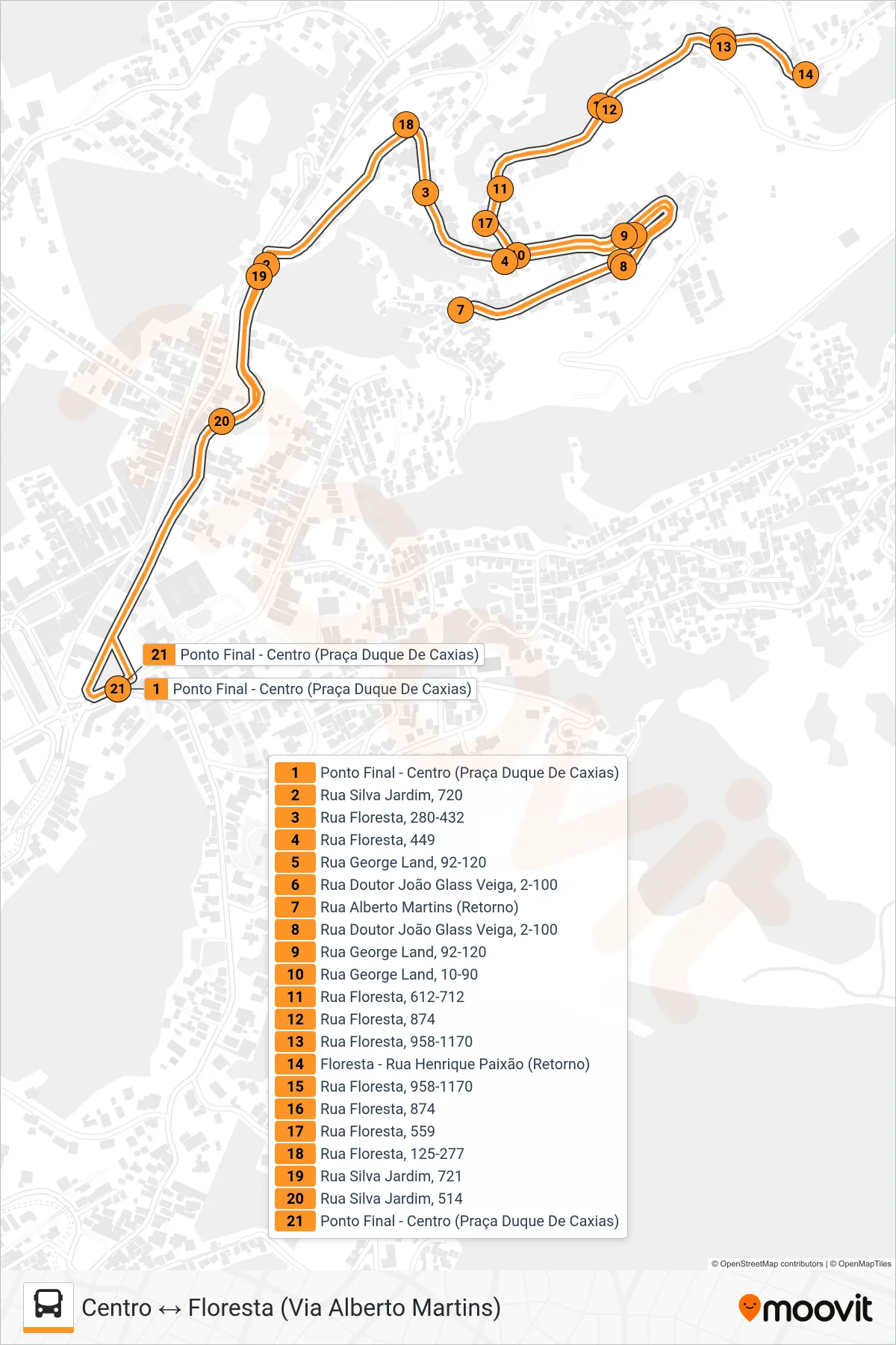 Rota e paradas da linha de ônibus 302 (Centro ↔ Floresta (Via Alberto Martins)) no mapa