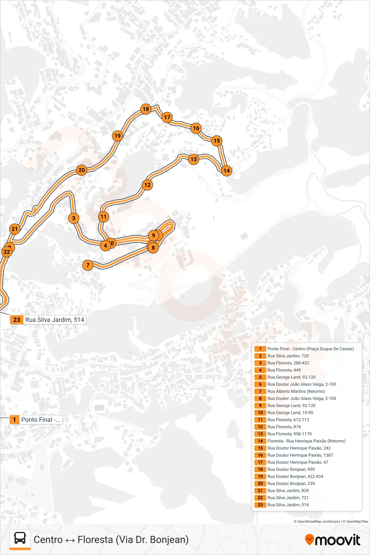 Rota e paradas da linha de ônibus 302 (Centro ↔ Floresta (Via Dr. Bonjean)) no mapa