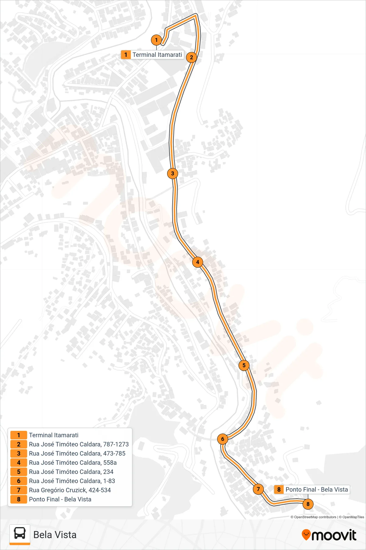 Rota e paradas da linha de ônibus 303 (Bela Vista) no mapa