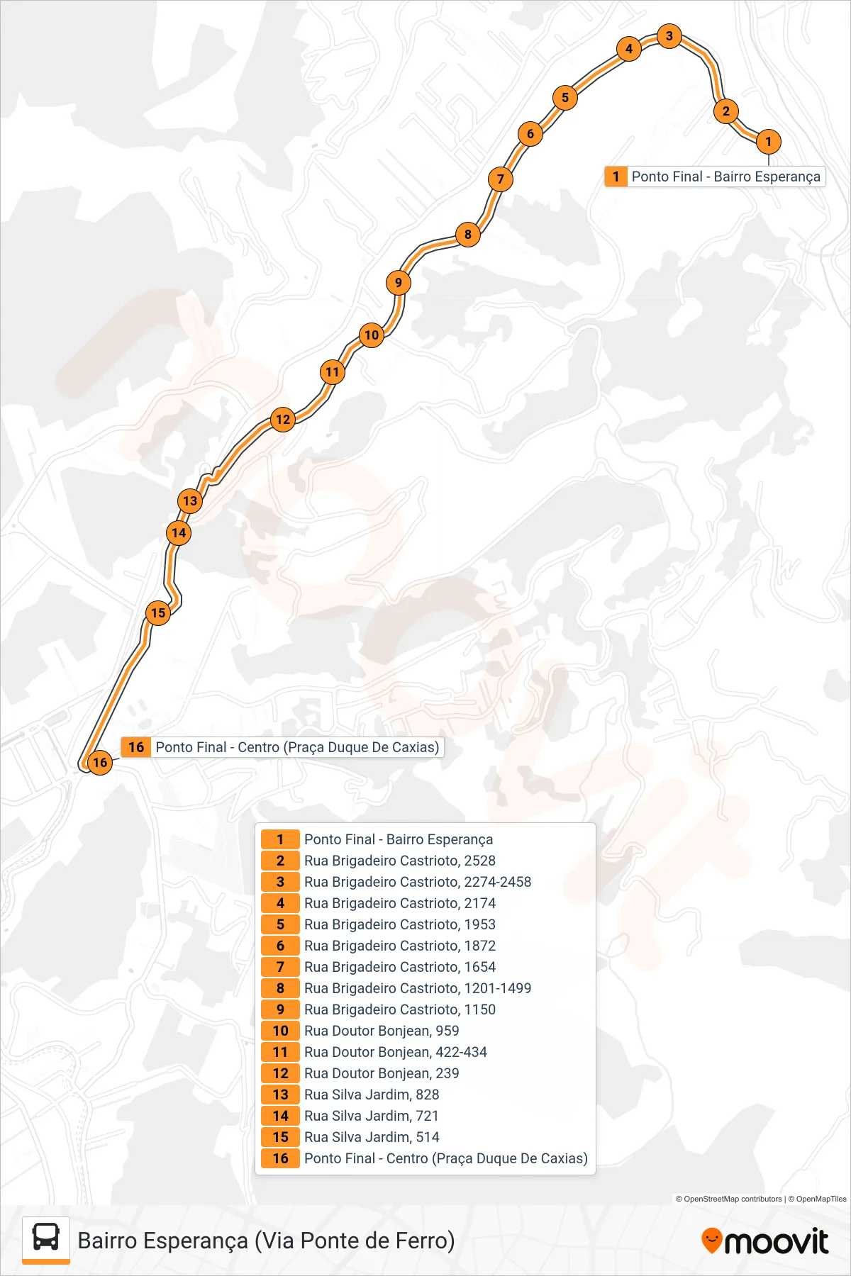 Rota e paradas da linha de ônibus 306 (Centro) no mapa