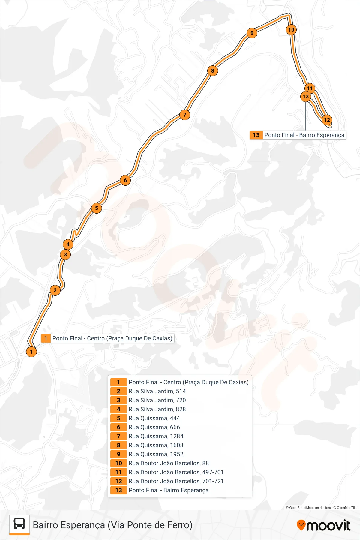 Rota e paradas da linha de ônibus 306 (Bairro Esperança) no mapa