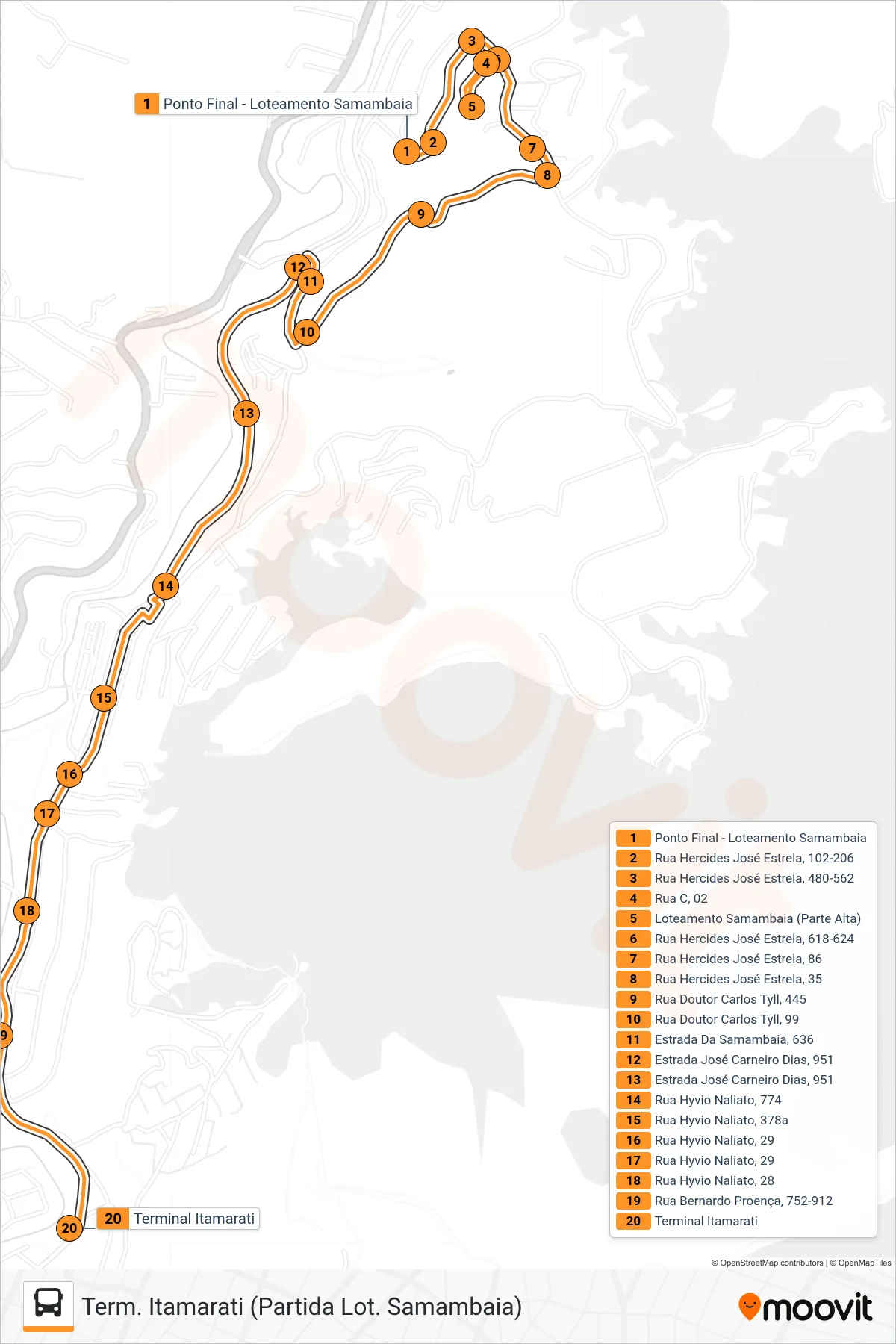 Rota e paradas da linha de ônibus 307 (Term. Itamarati (Partida Lot. Samambaia)) no mapa