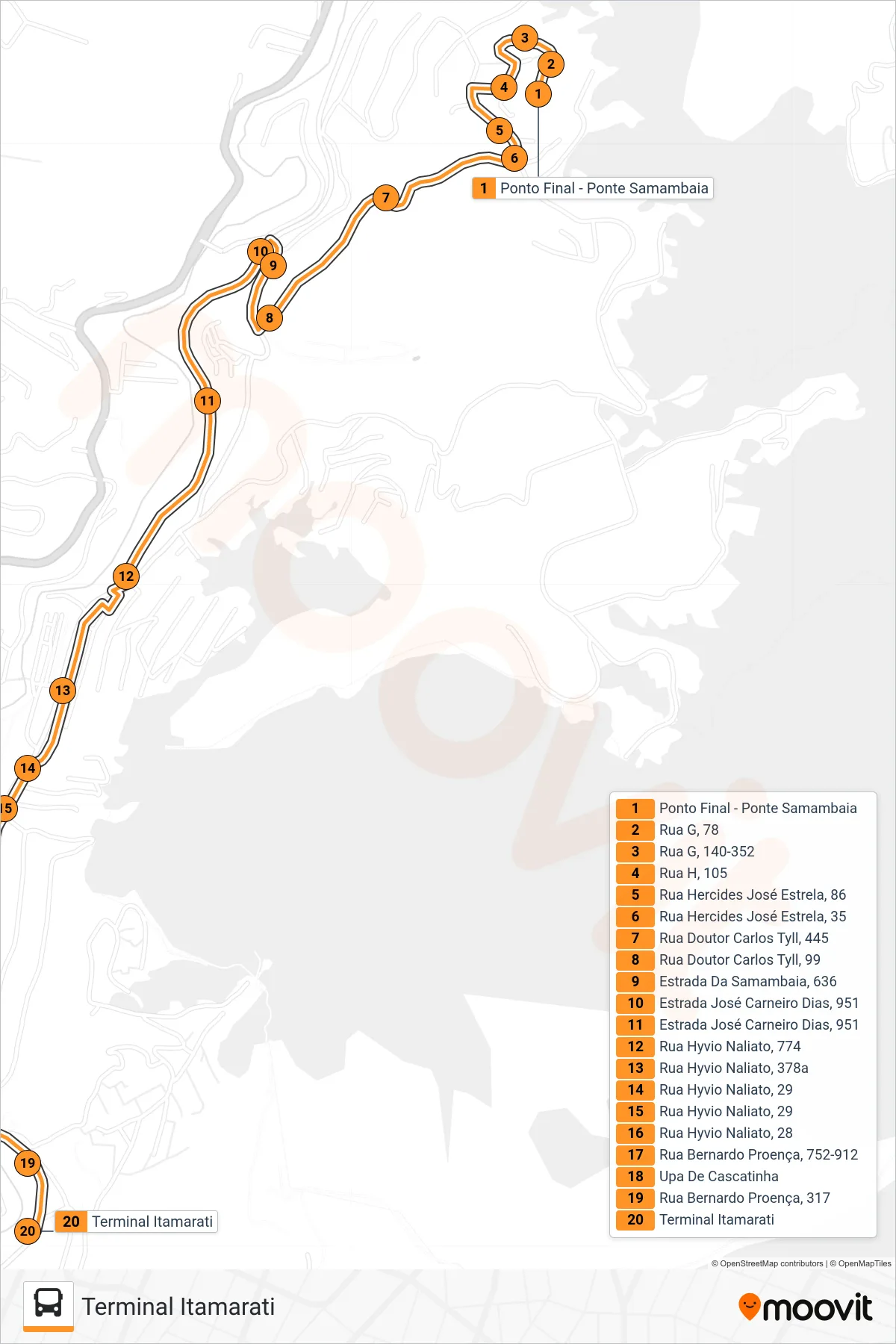 307 bus Line (Terminal Itamarati) route and stops on a map