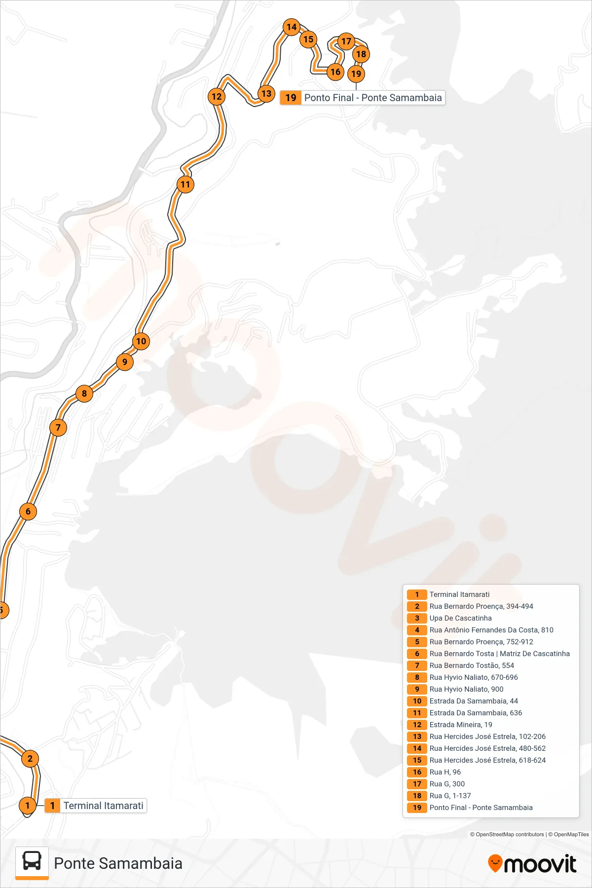 Rota e paradas da linha de ônibus 307 (Ponte Samambaia) no mapa