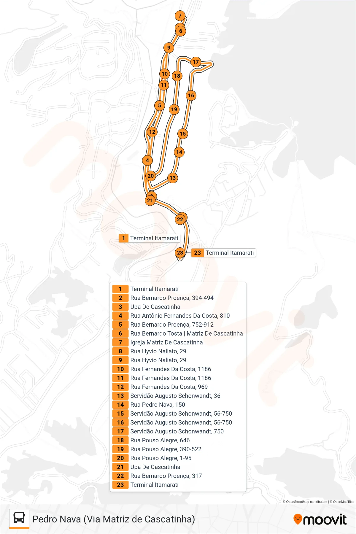 Rota e paradas da linha de ônibus 311 (Pedro Nava (Via Matriz De Cascatinha) *) no mapa