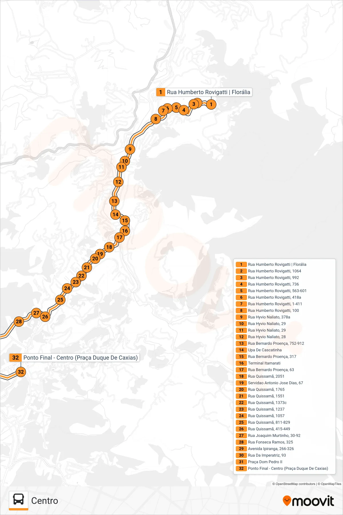 312 bus Line (Centro) route and stops on a map
