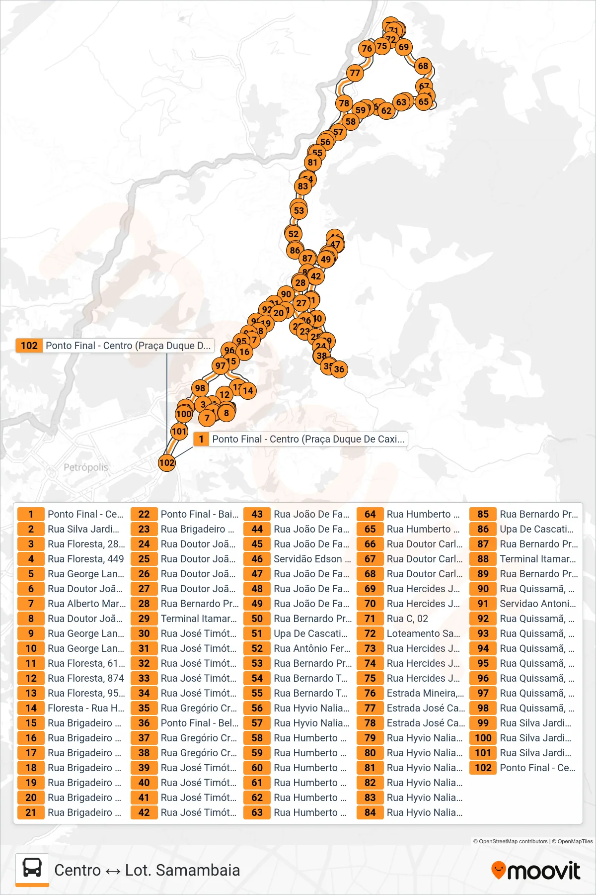 Rota e paradas da linha de ônibus  312  (Centro ↔ Lot. Samambaia) no mapa