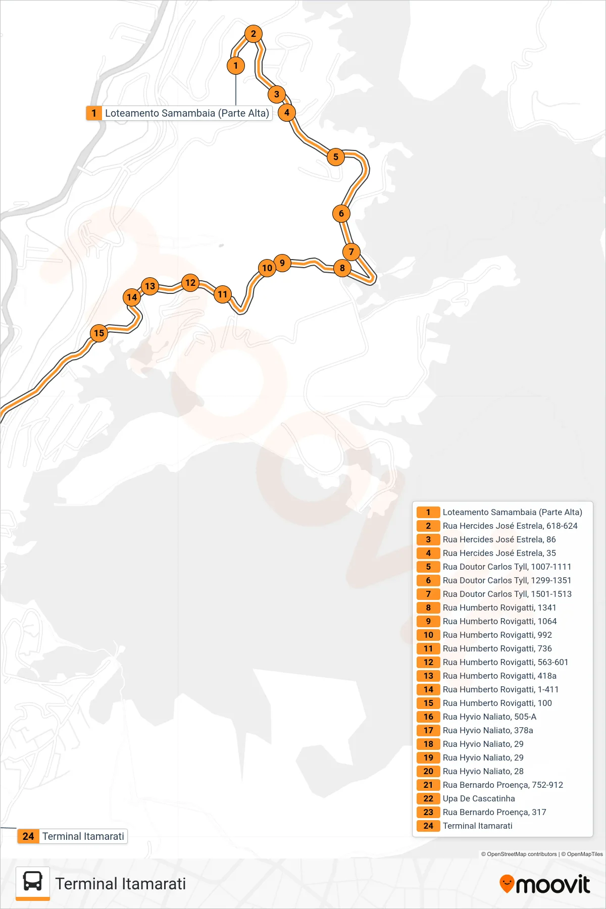 Rota e paradas da linha de ônibus 314 (Terminal Itamarati) no mapa