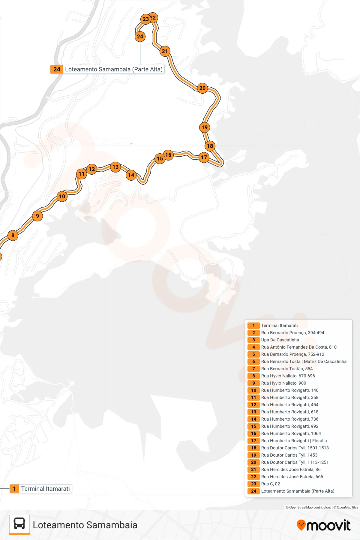 Rota e paradas da linha de ônibus 314 (Loteamento Samambaia) no mapa