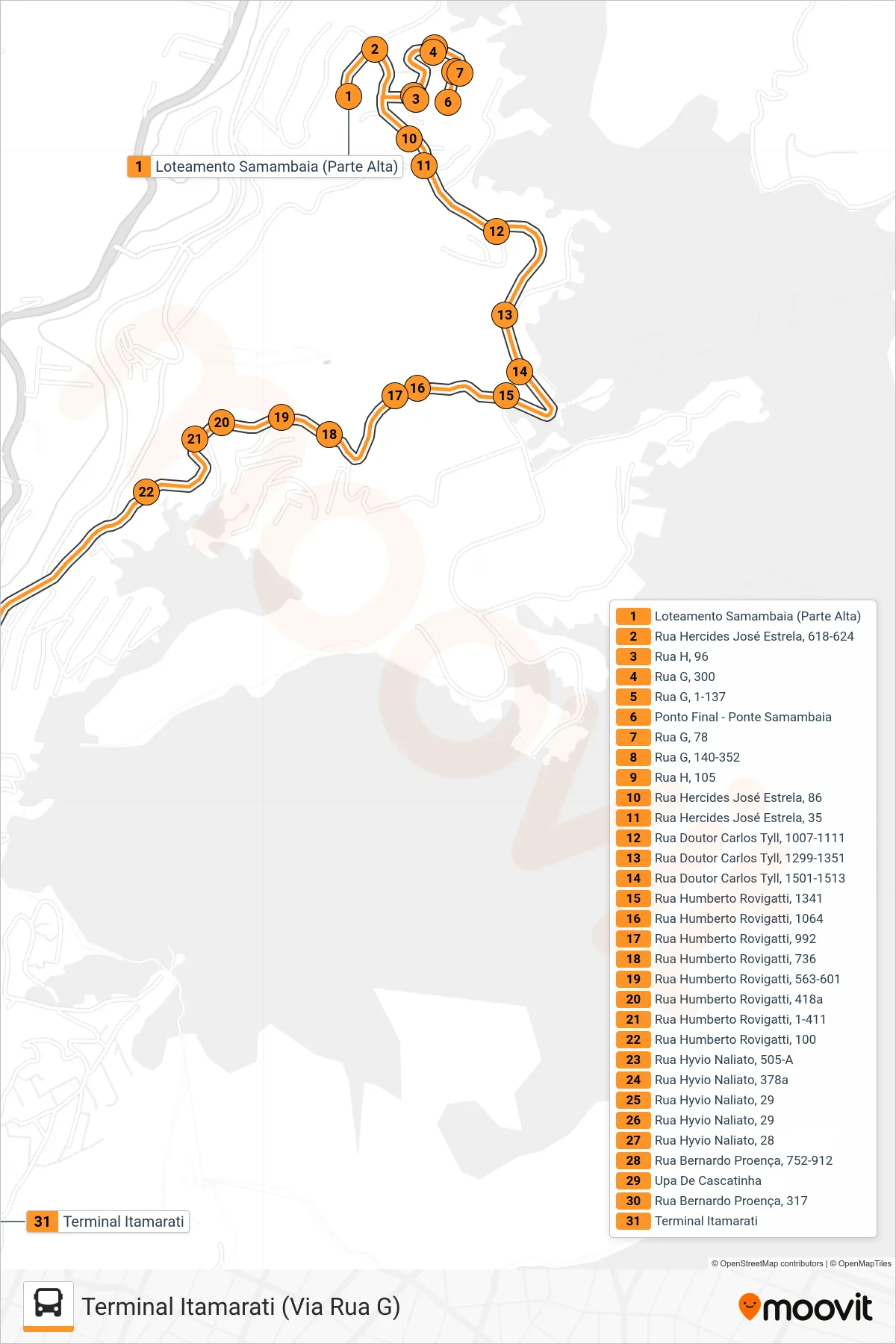 Rota e paradas da linha de ônibus 314 (Terminal Itamarati (Via Rua G)) no mapa