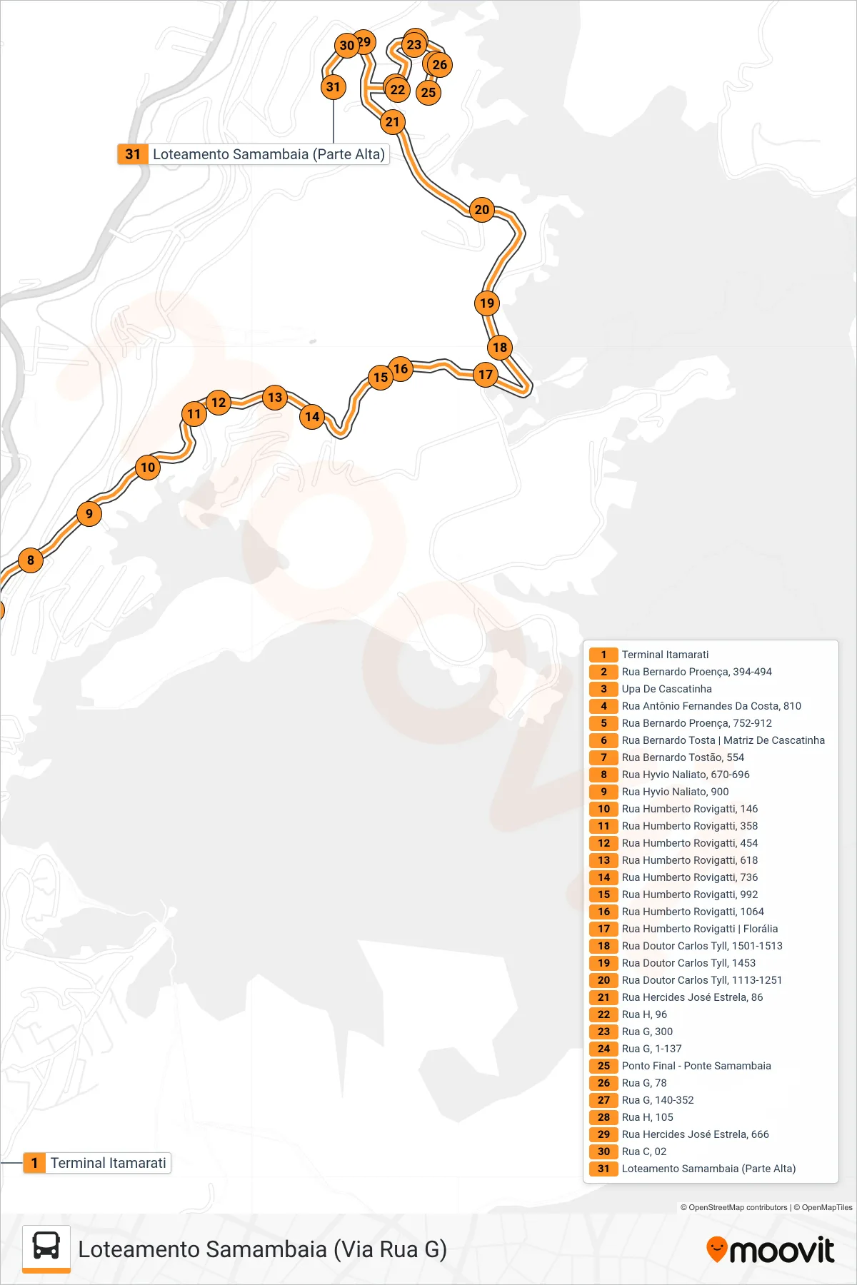 314 bus Line (Loteamento Samambaia (Via Rua G)) route and stops on a map