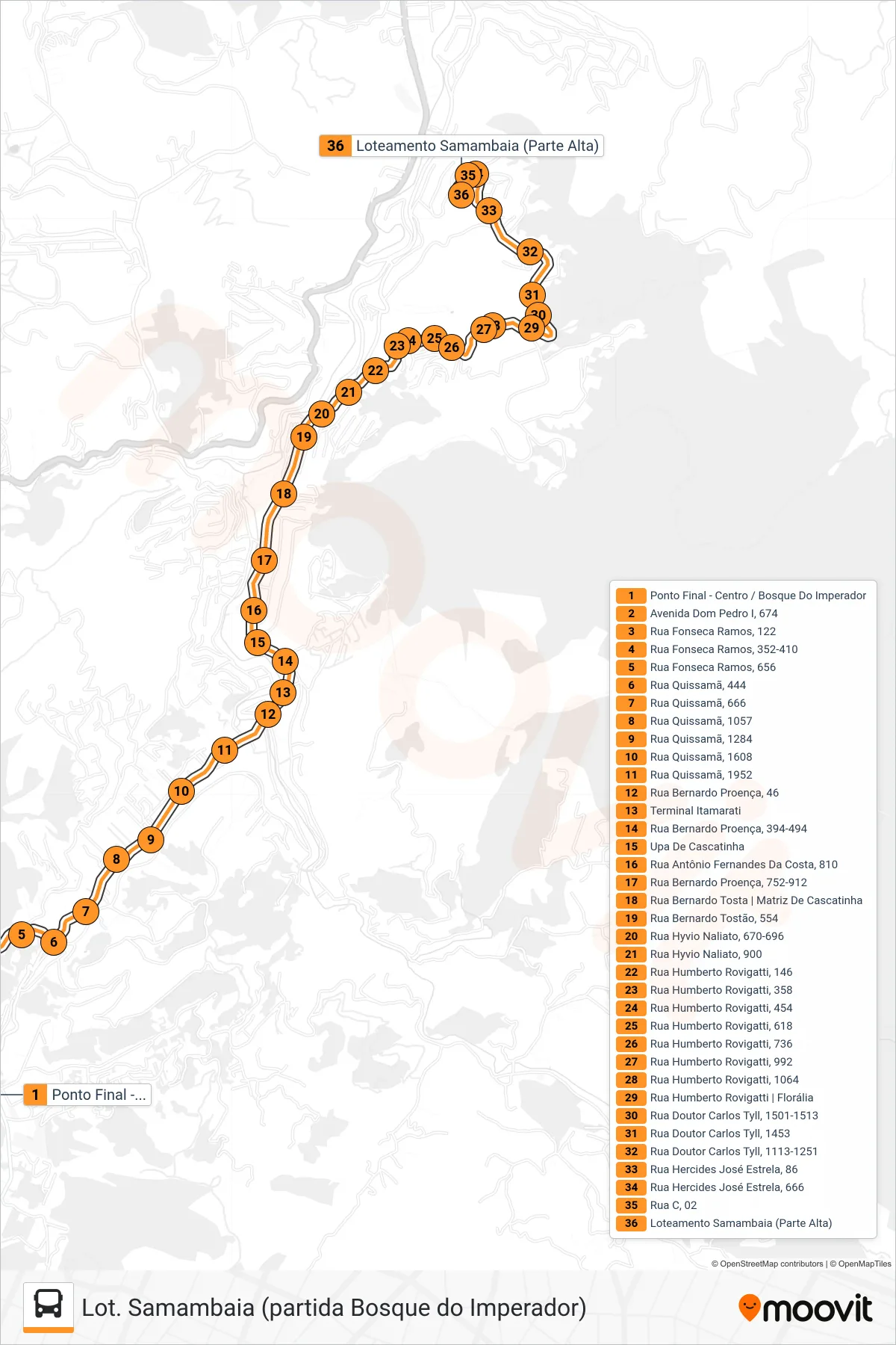 Rota e paradas da linha de ônibus 314 (Lot. Samambaia (partida Bosque do Imperador)) no mapa
