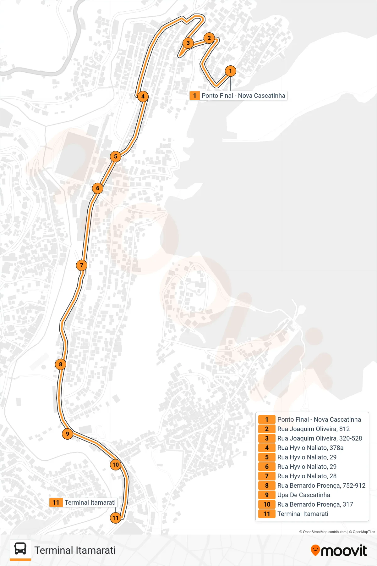 Rota e paradas da linha de ônibus 315 (Terminal Itamarati) no mapa