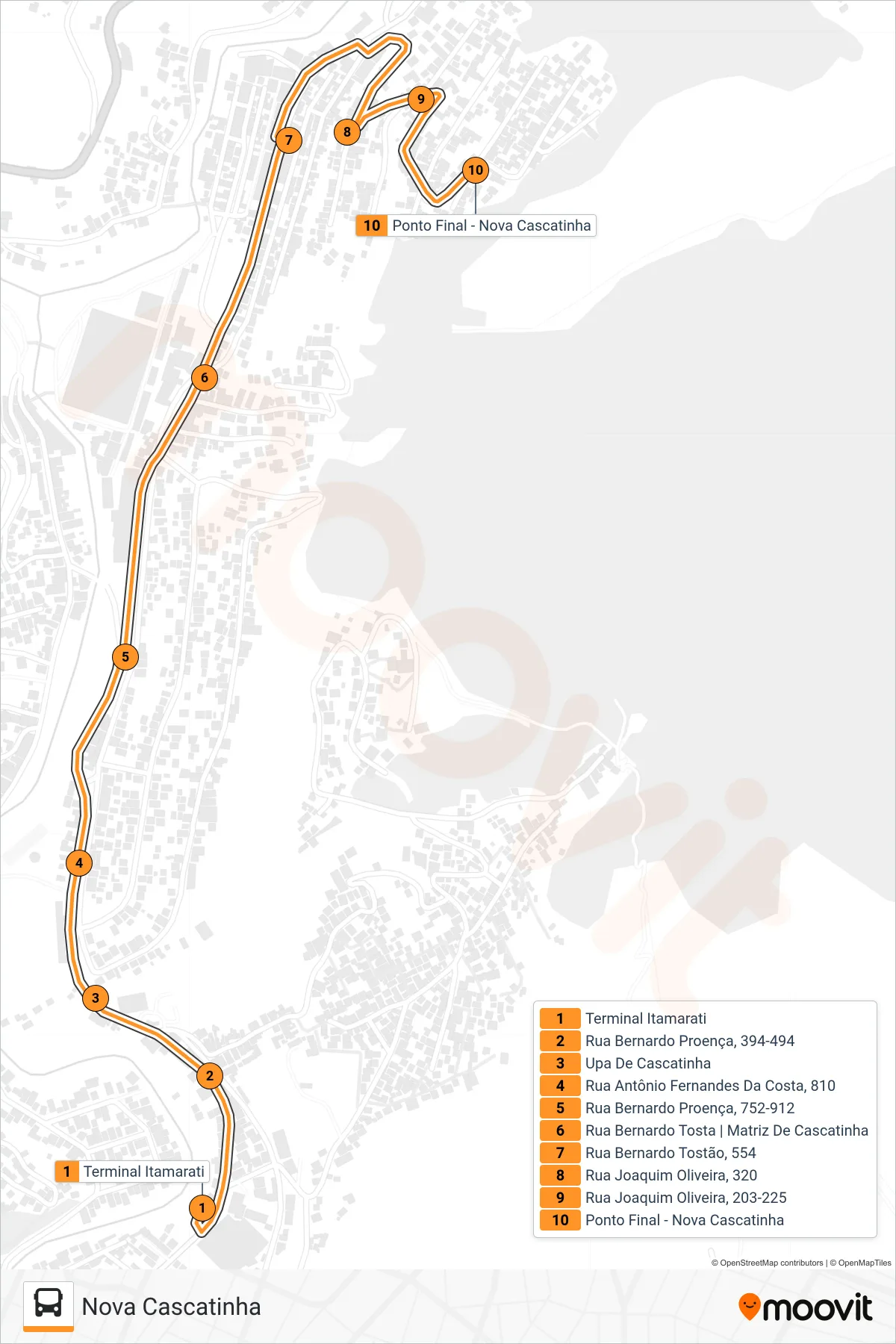 Rota e paradas da linha de ônibus 315 (Nova Cascatinha) no mapa