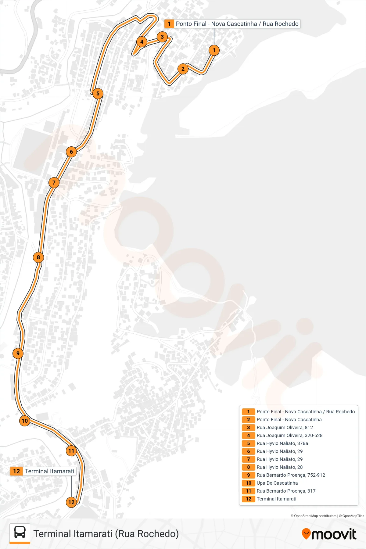 Rota e paradas da linha de ônibus  315  (Terminal Itamarati (Rua Rochedo)) no mapa