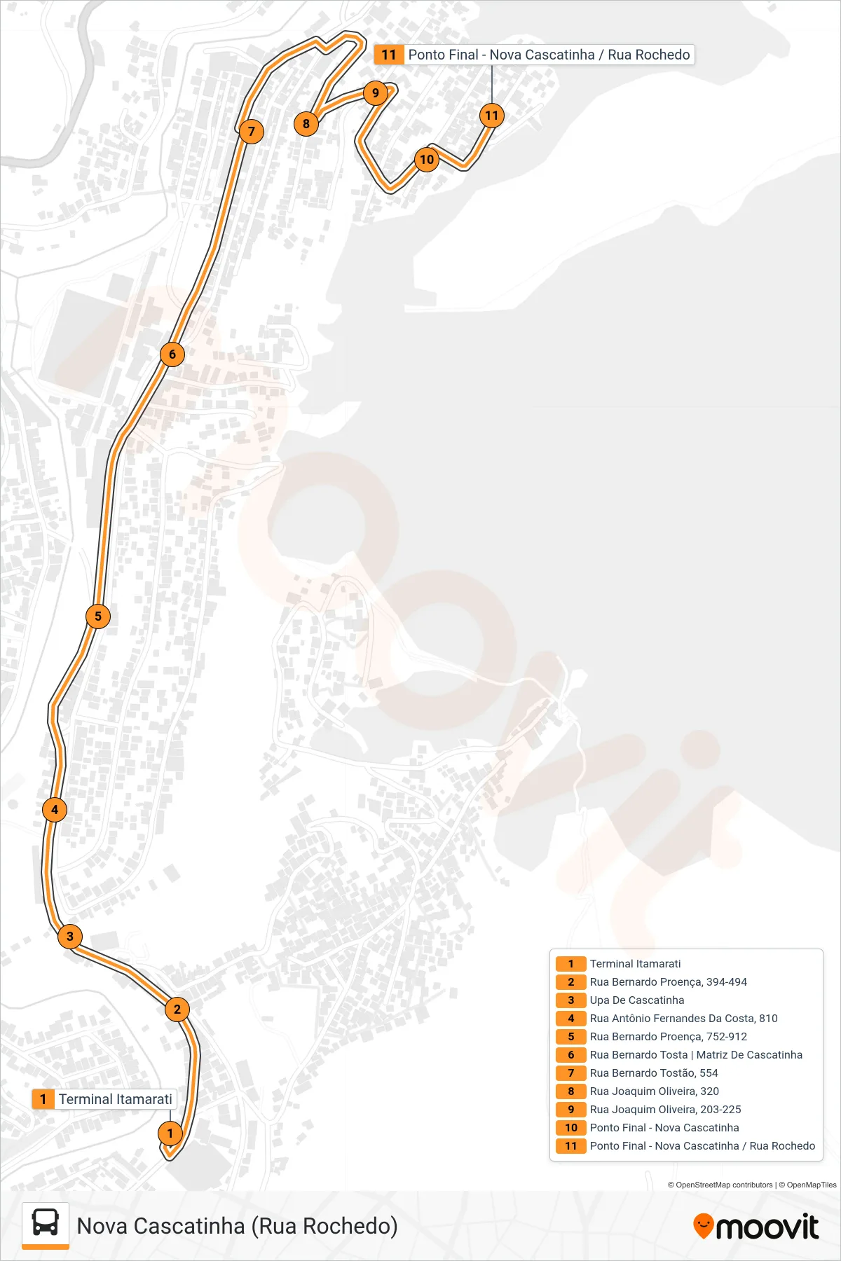 315 bus Line (Nova Cascatinha (Rua Rochedo)) route and stops on a map
