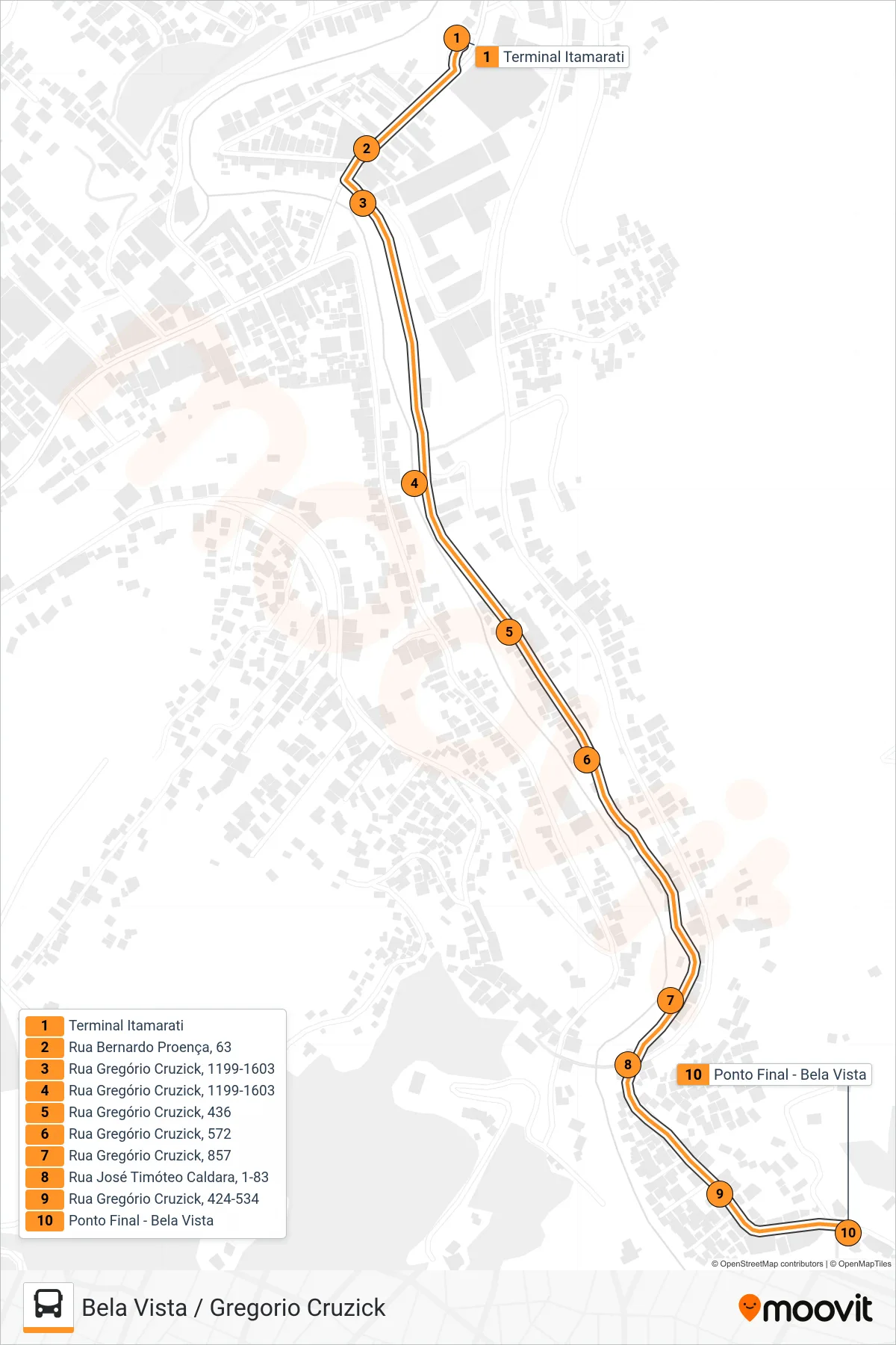 Rota e paradas da linha de ônibus 317 (Bela Vista / Gregorio Cruzick) no mapa