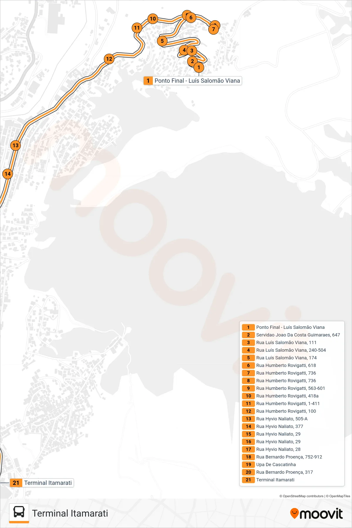 Rota e paradas da linha de ônibus 318 (Terminal Itamarati) no mapa