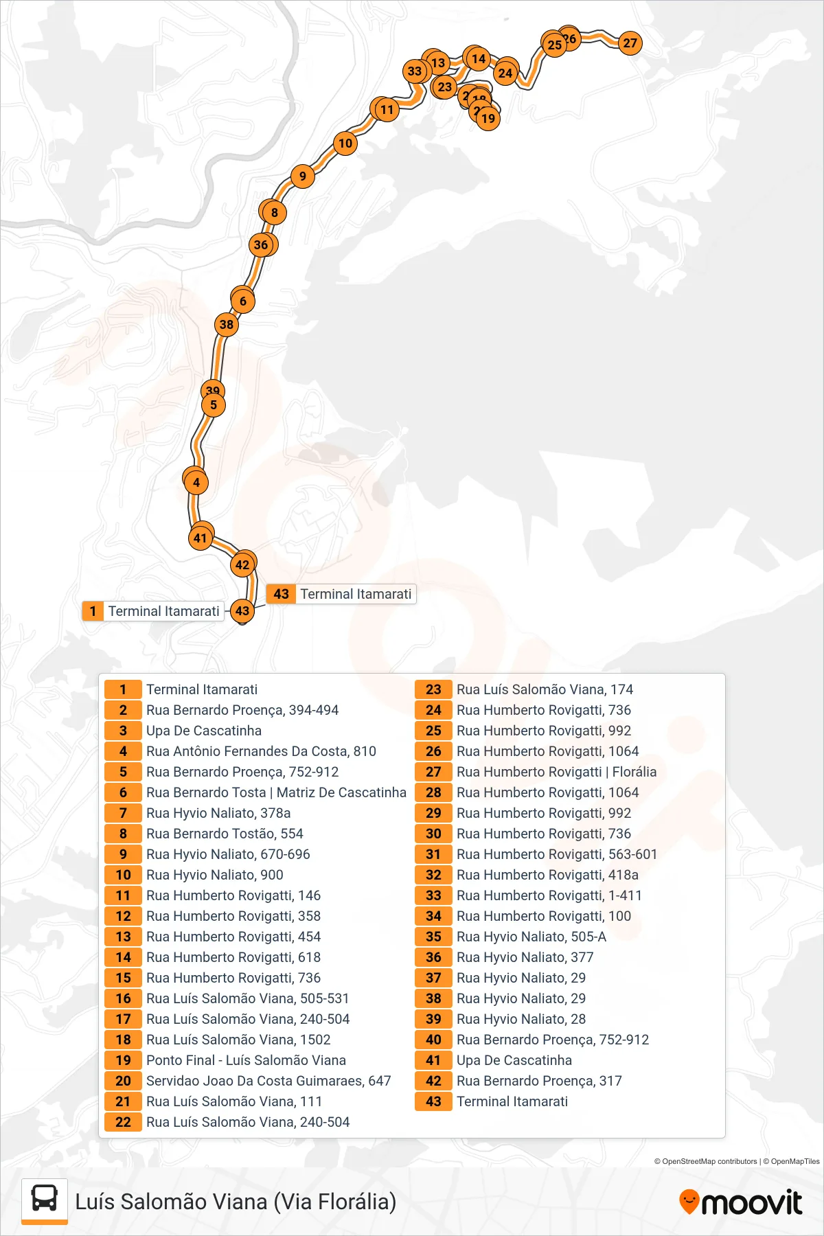 Rota e paradas da linha de ônibus 318 (Luís Salomão Viana (Via Florália)) no mapa