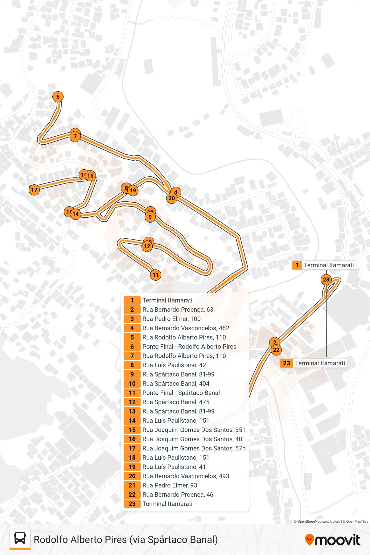 Rota e paradas da linha de ônibus 319 (Rodolfo Alberto Pires (Circular)) no mapa