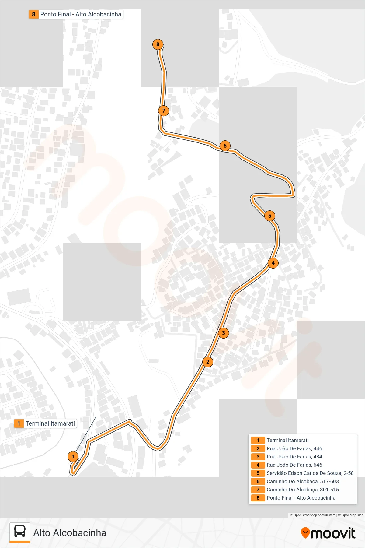 Rota e paradas da linha de ônibus 321 (Alto Alcobacinha) no mapa