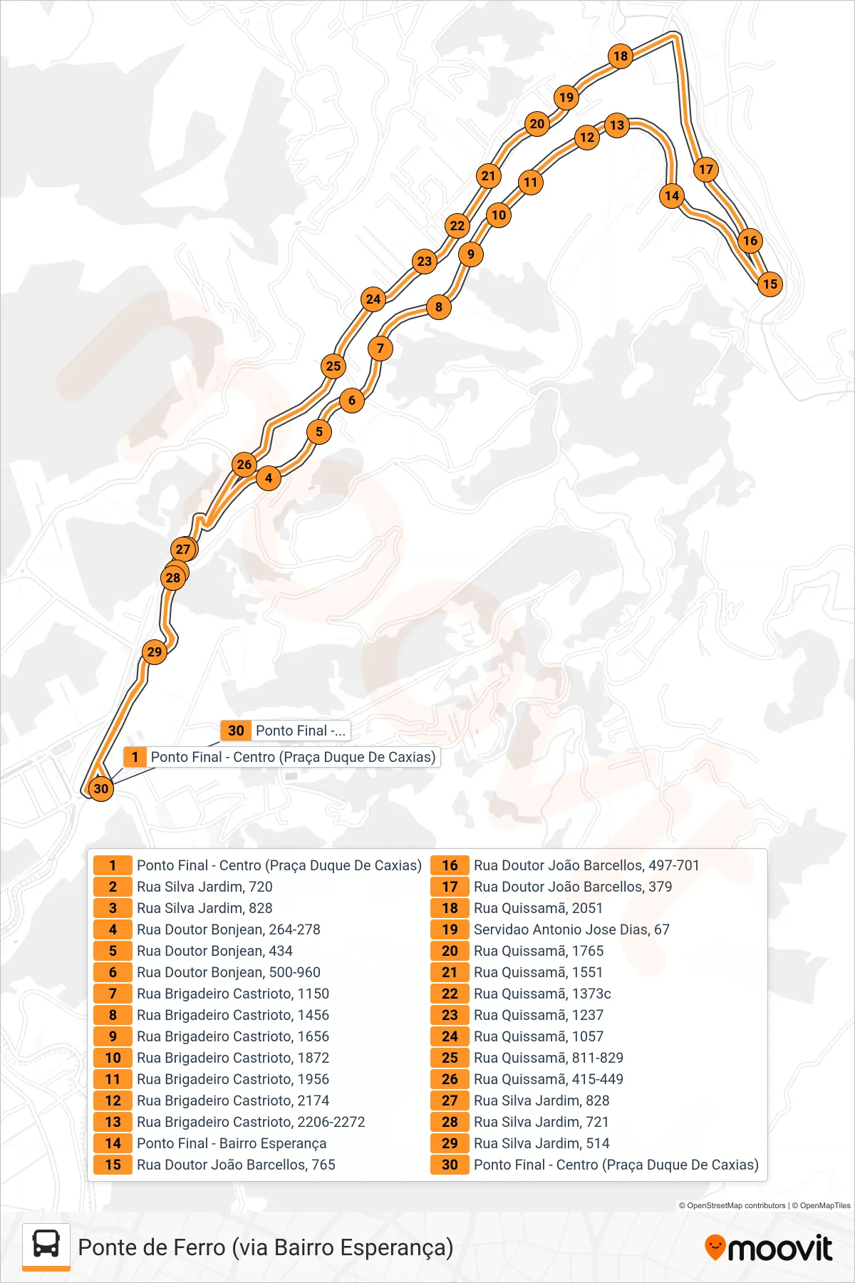 Rota e paradas da linha de ônibus 323 (Centro-Pça. Skate ↔ Ponte de Ferro (Circular)) no mapa