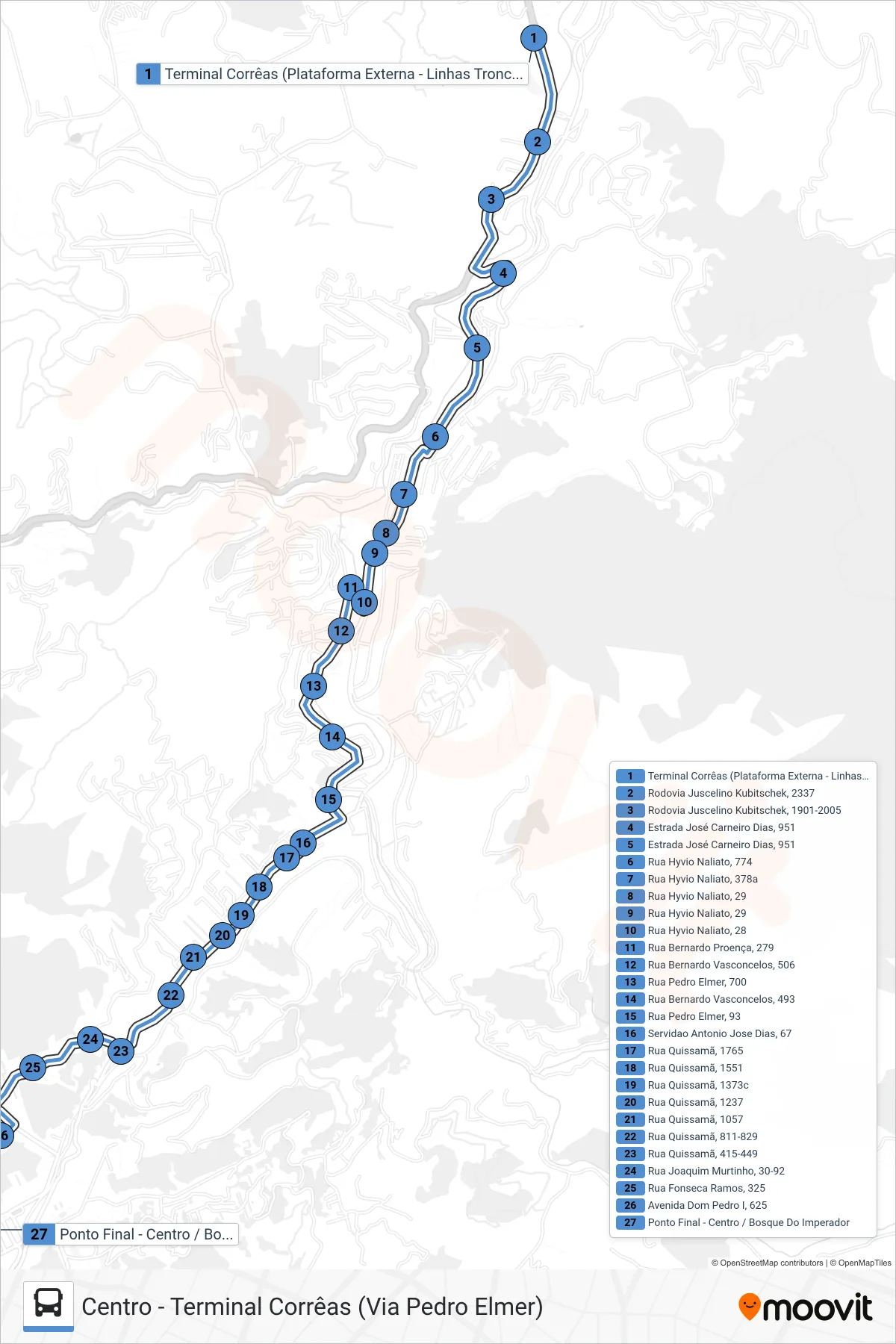 Rota e paradas da linha de ônibus 330 (Centro (Via Pedro Elmer)) no mapa