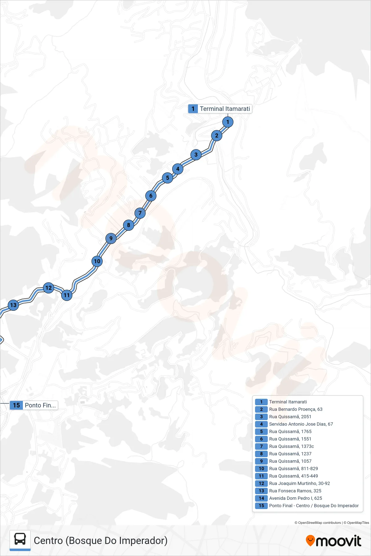 Rota e paradas da linha de ônibus 340 (Centro (Bosque Do Imperador)) no mapa