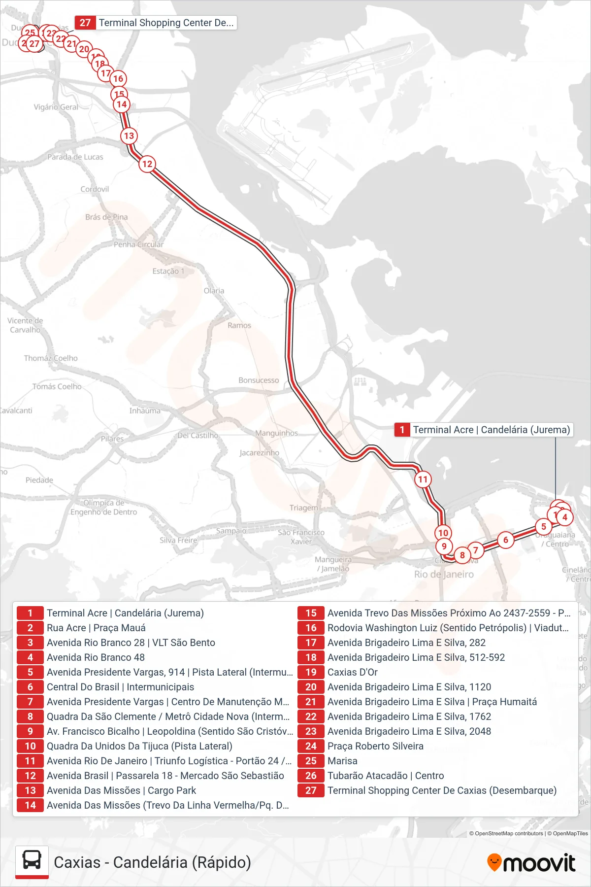 Rota e paradas da linha de ônibus 2102C (EXECUTIVO) (Caxias (via 25 de Agosto)) no mapa