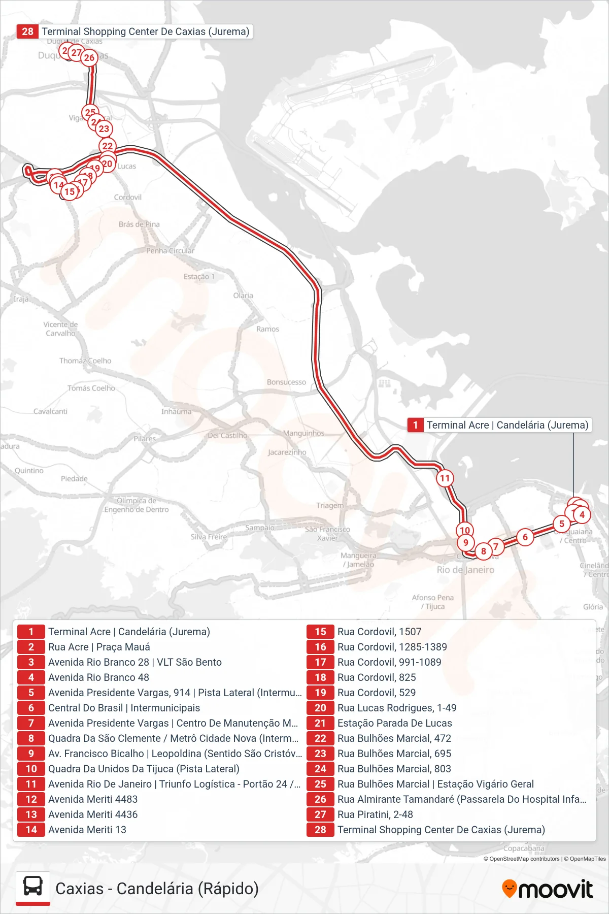 2102C (EXECUTIVO) bus Line (Caxias (via Lucas)) route and stops on a map