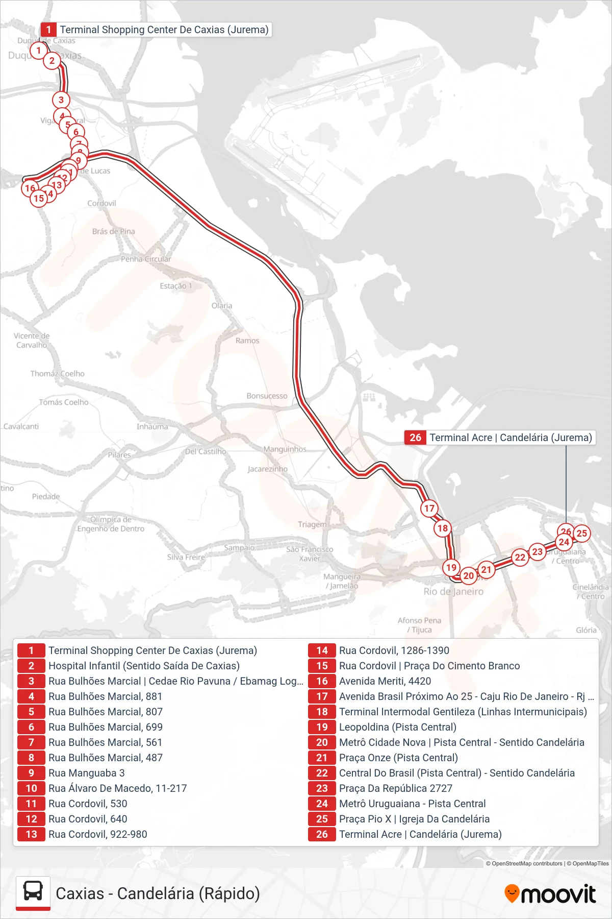 Rota e paradas da linha de ônibus 2102C (EXECUTIVO) (Candelária) no mapa