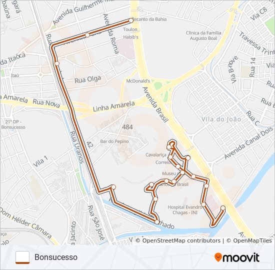 Mapa da linha CAMPUS MANGUINHOS - BONSUCESSO de ônibus