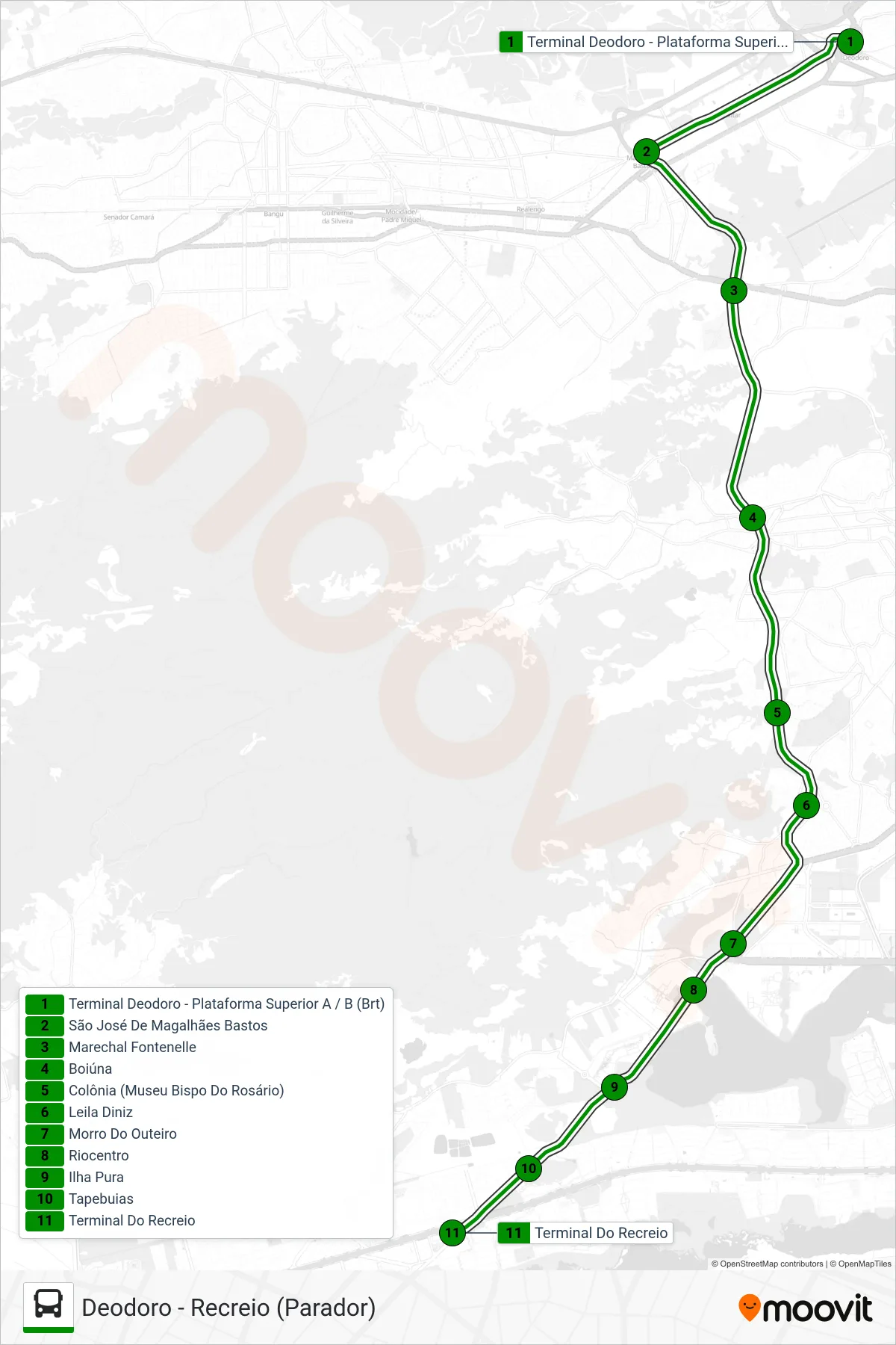 Rota e paradas da linha de ônibus  51  (Terminal Recreio (Parador - Noturno)) no mapa