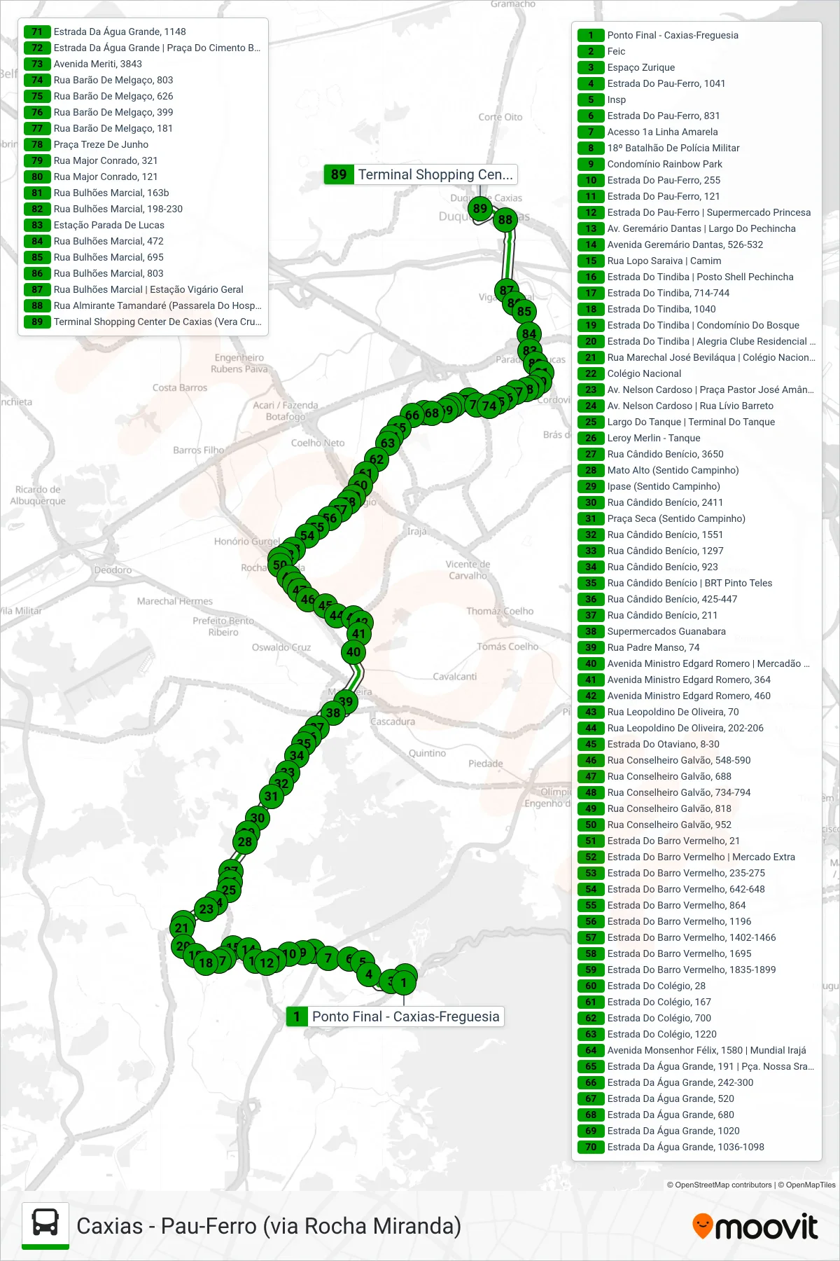 Rota e paradas da linha de ônibus 562 (Caxias) no mapa