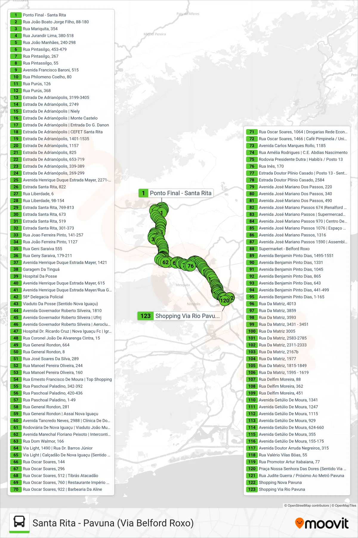 Rota e paradas da linha de ônibus  561I  (Pavuna) no mapa