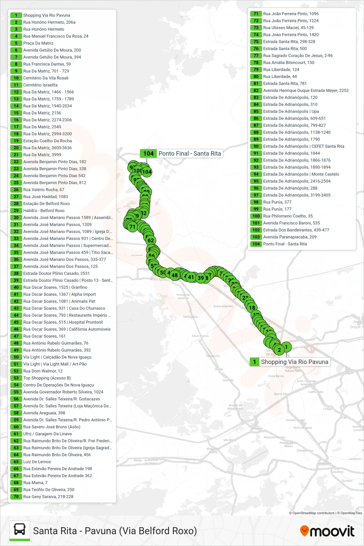 Rota e paradas da linha de ônibus 561I (Santa Rita) no mapa