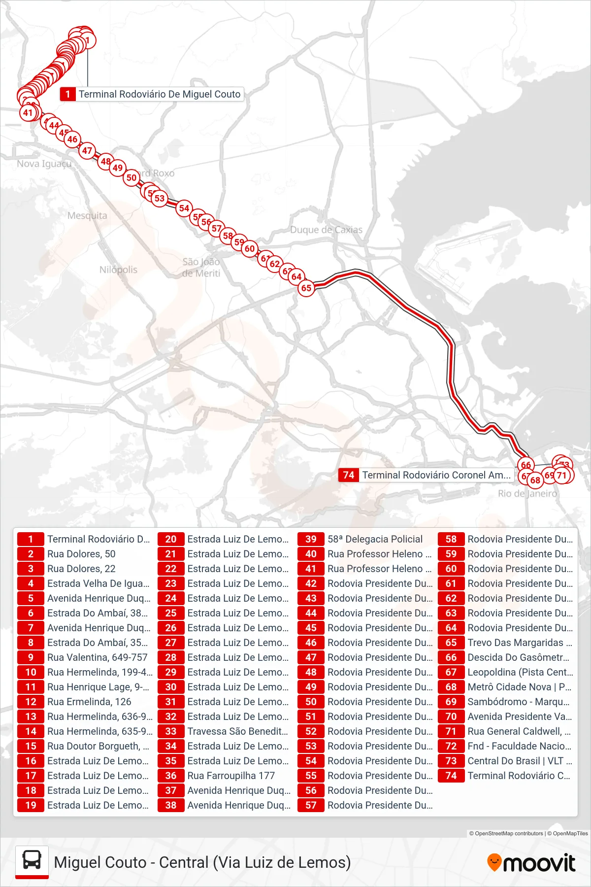 Rota e paradas da linha de ônibus  490B  (Central (Rápido)) no mapa